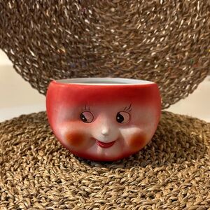 Rate VTG Anthropomorphic Apple Face Bowl Bisque Porcelain Candle Planter Base